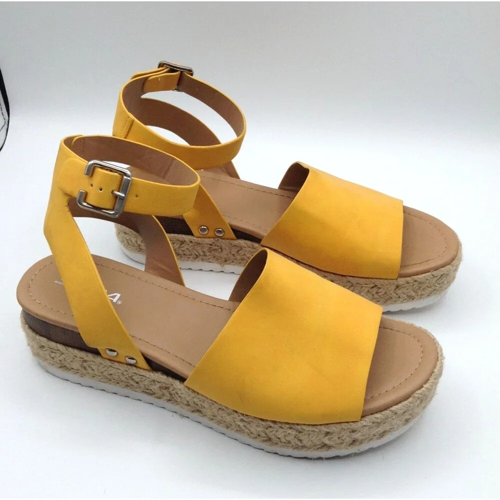 Espadrille Platform Sandals 10M Mustard Shoes Ankle Strap Chunky Boho Travel Y2K